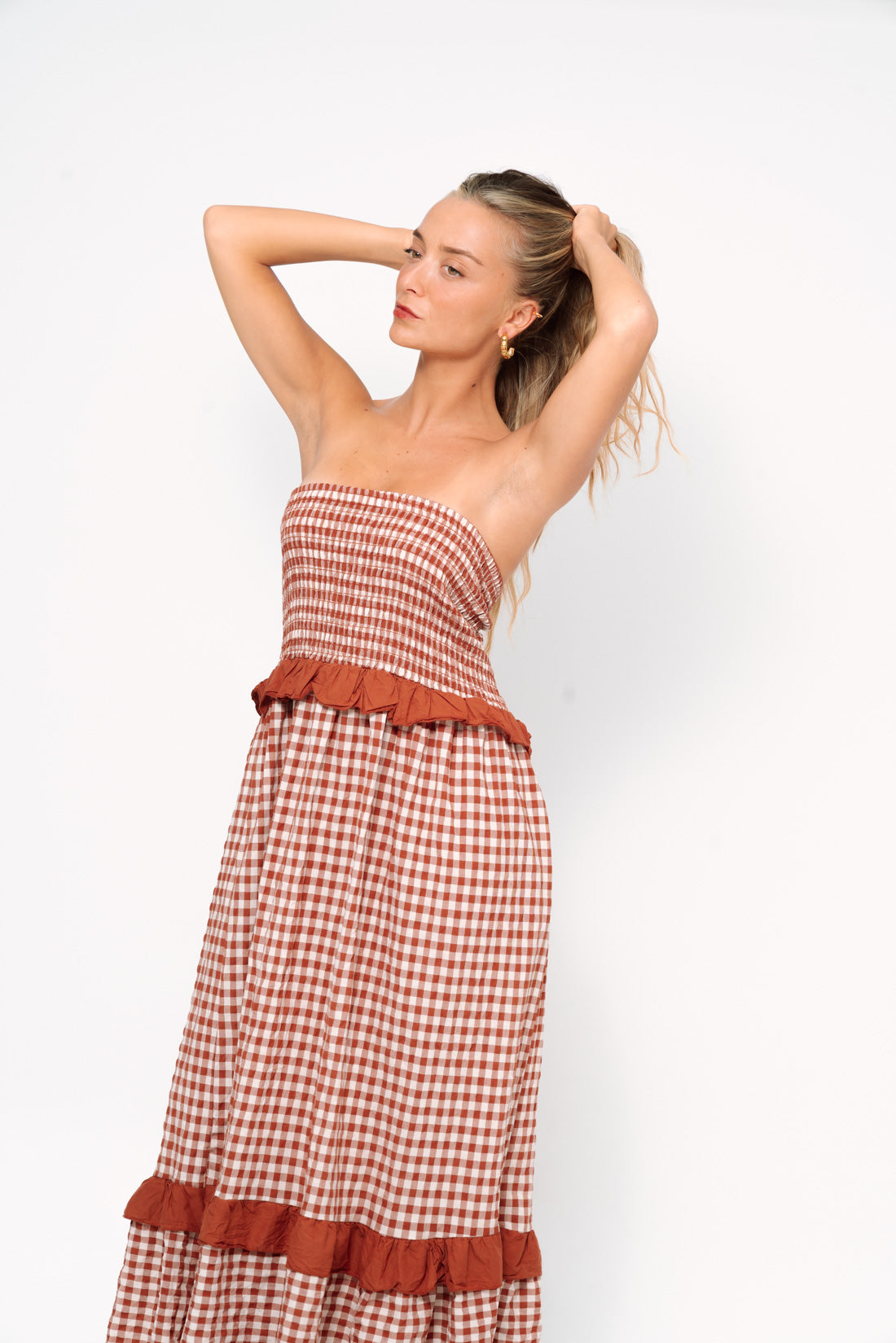 Vestido VICHY strapless terracota