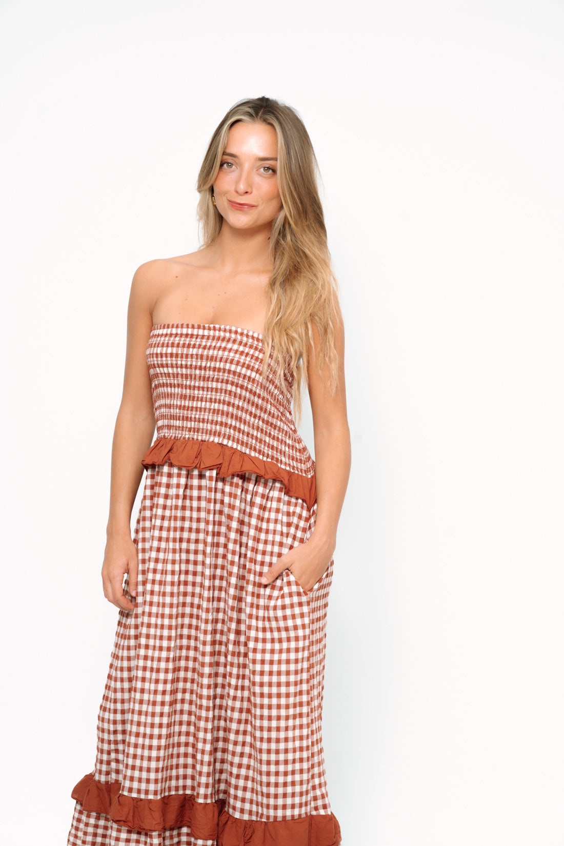Vestido VICHY strapless terracota