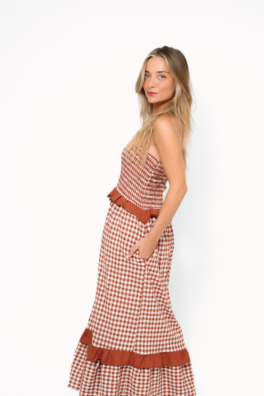 Vestido VICHY strapless terracota