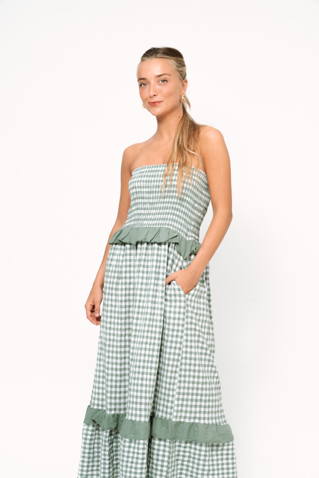 Vestido VICHY strapless kaki