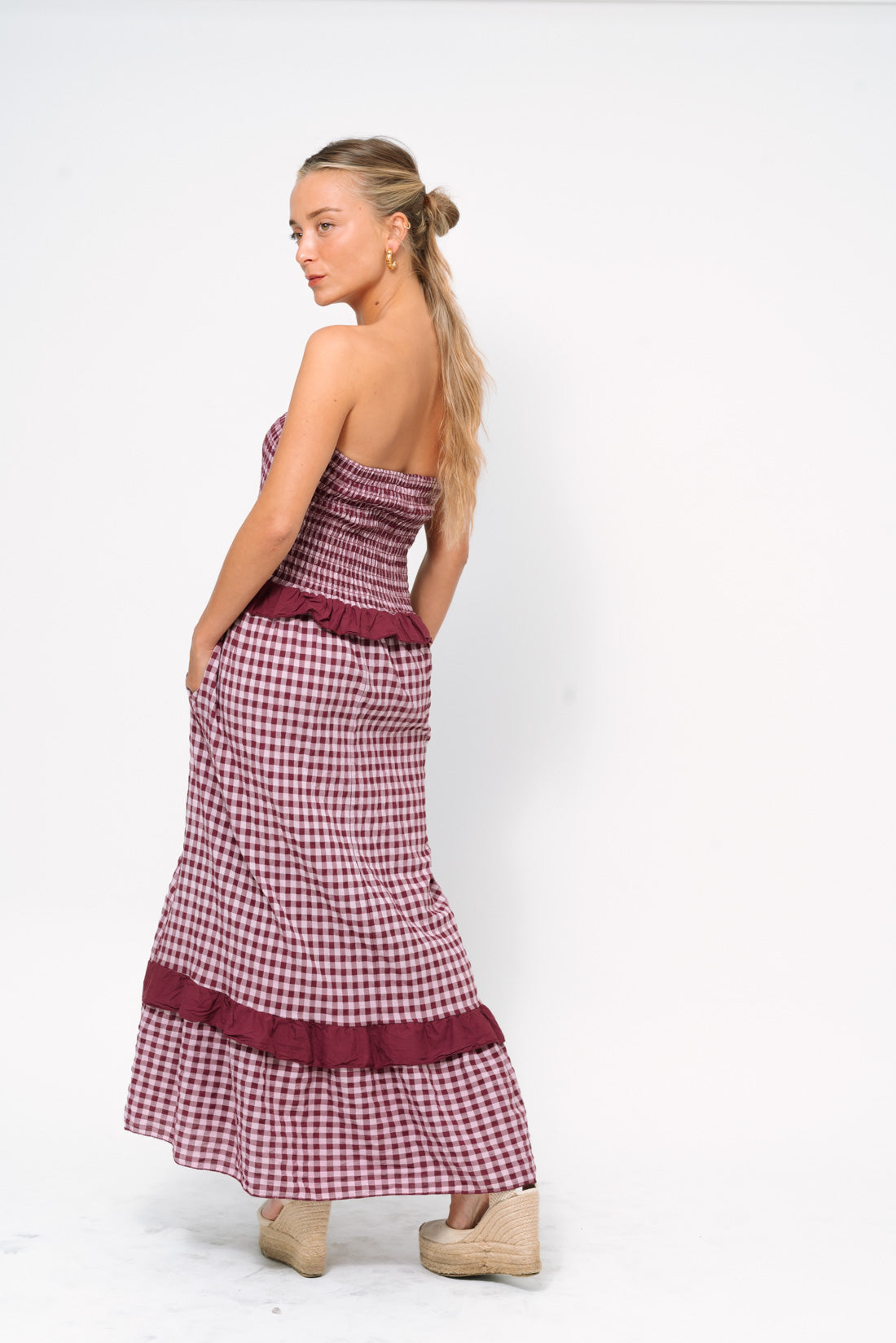 Vestido VICHY strapless vino