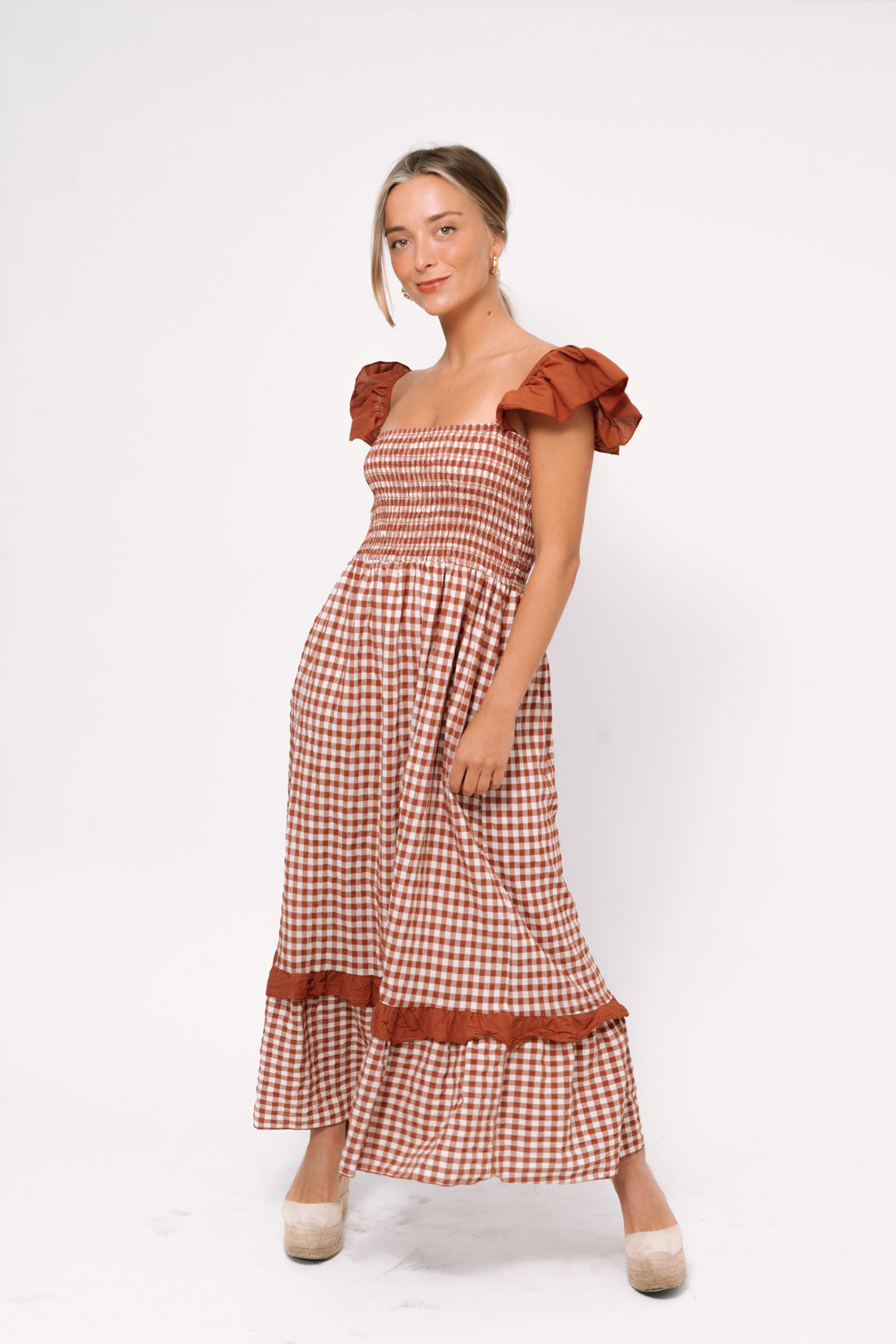 Vestido VICHY volantes terracota