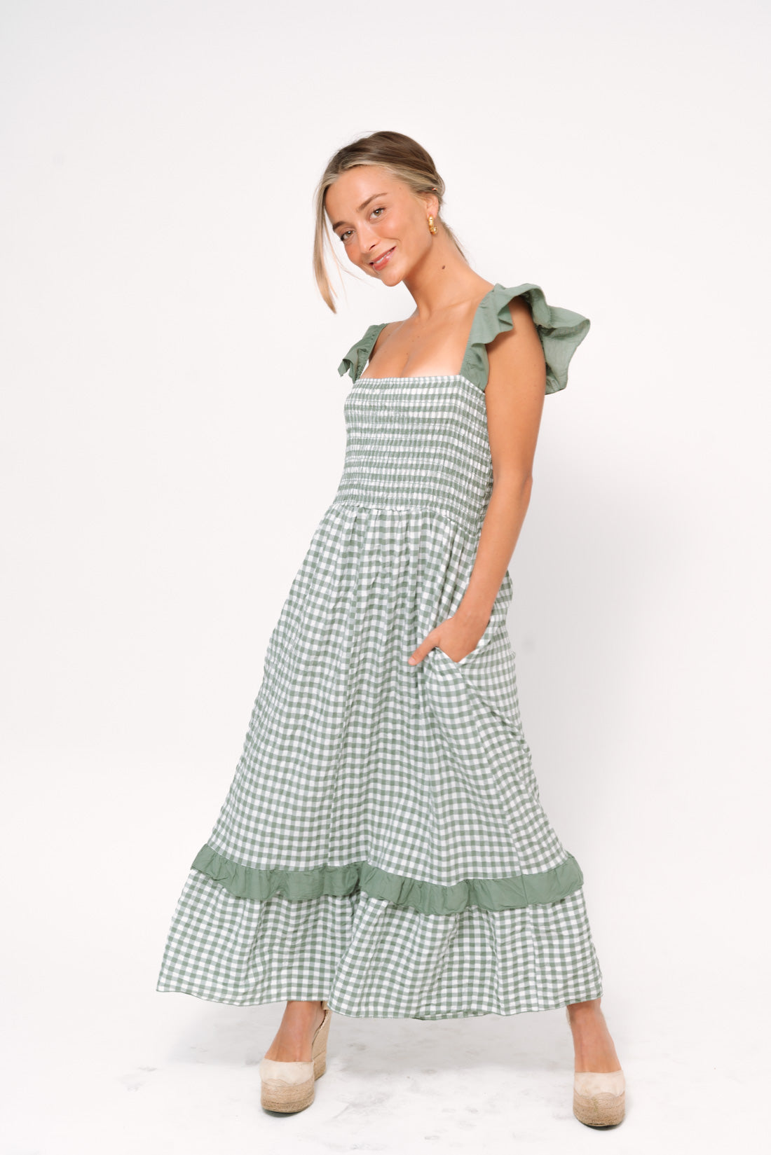 Vestido VICHY volantes kaki