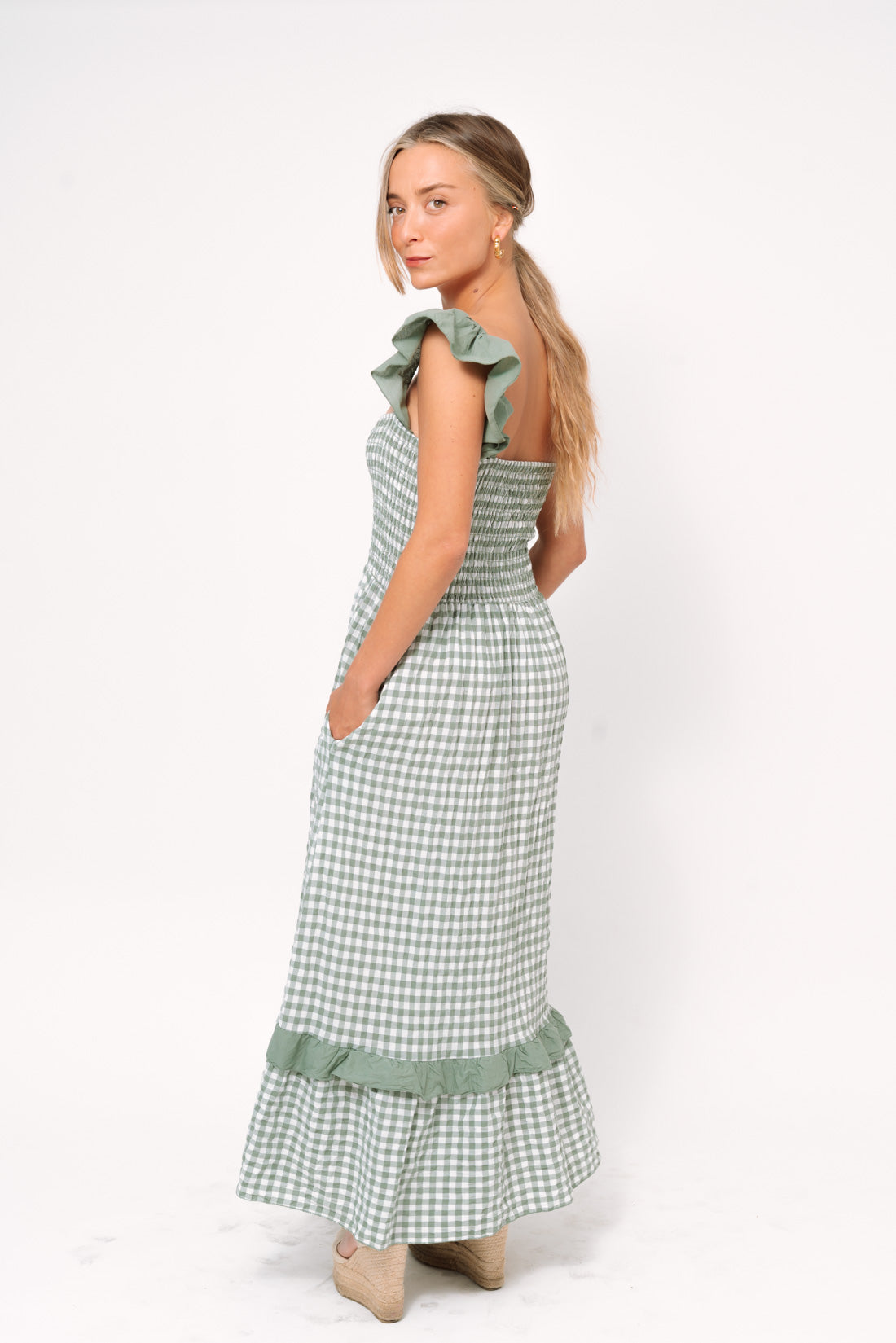 Vestido VICHY volantes kaki