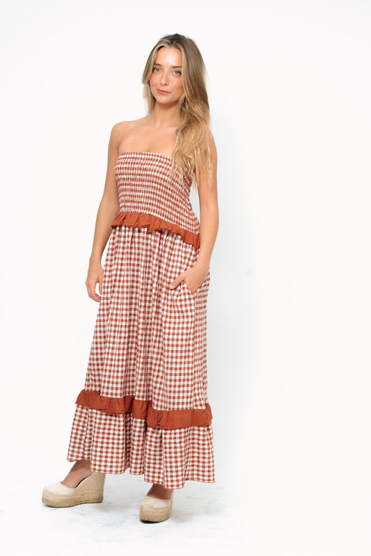 Vestido VICHY strapless terracota