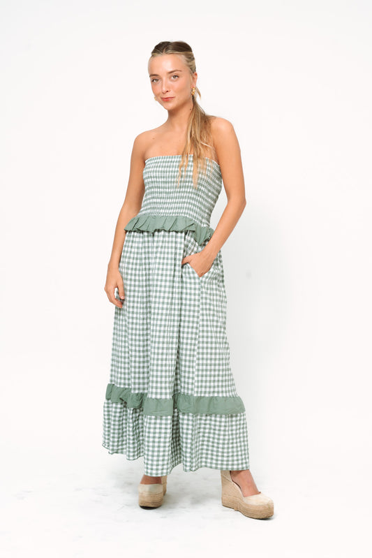 Vestido VICHY strapless kaki