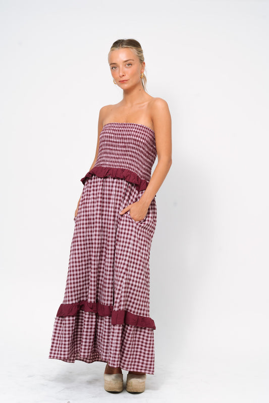 Vestido VICHY strapless vino