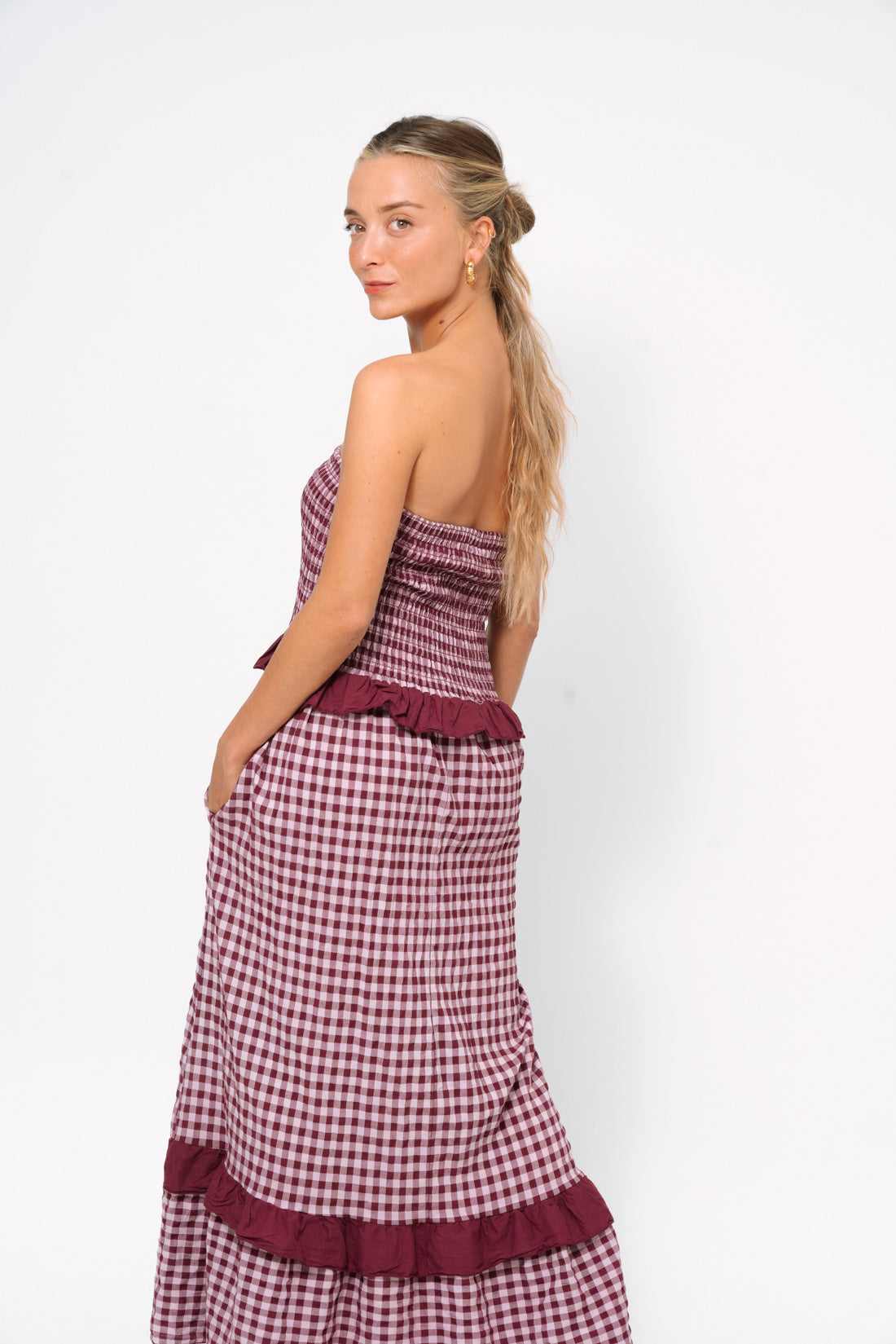 Vestido VICHY strapless vino
