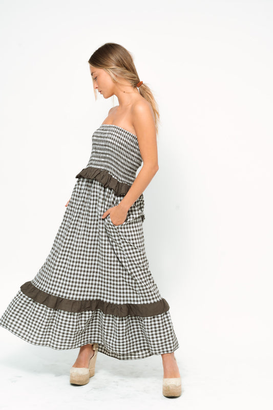 Vestido VICHY strapless choco