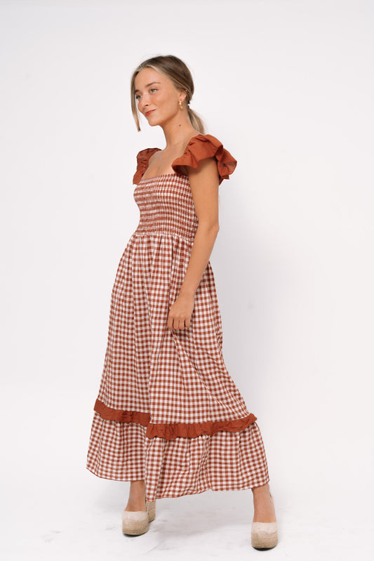 Vestido VICHY volantes terracota