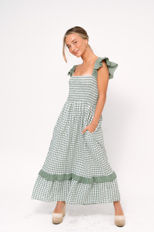Vestido VICHY volantes kaki