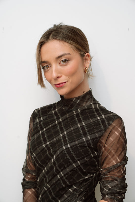 Top TULY gasa tartan negro