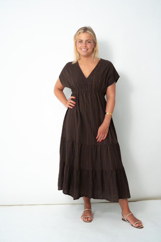 Vestido choco detalles dorados